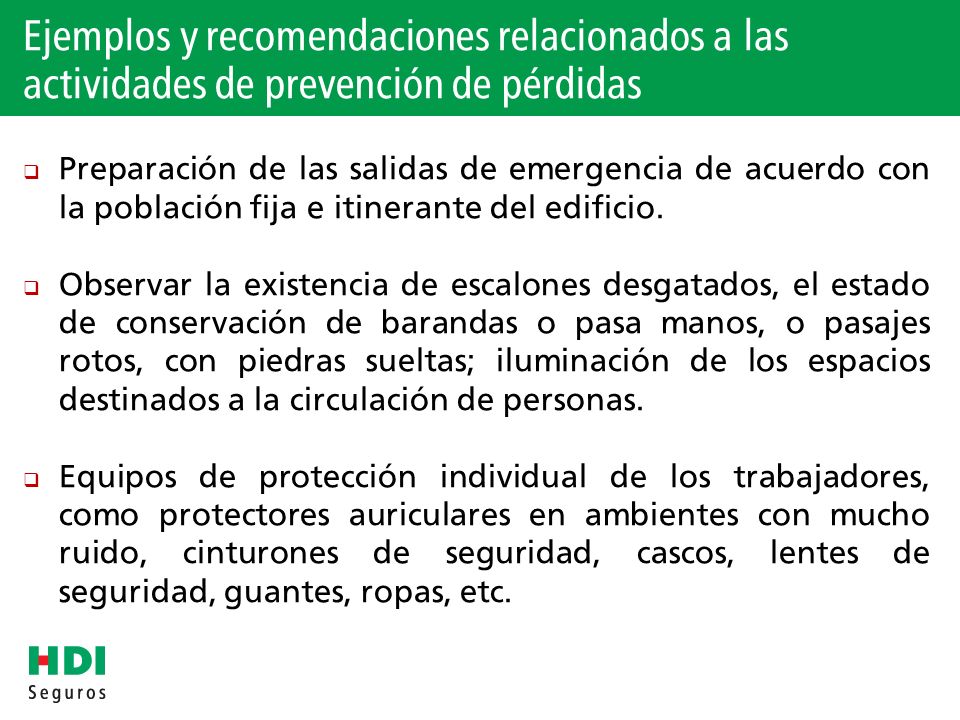 Ejemplos y recomendaciones relacionados a las actividades de prevención de pérdidas