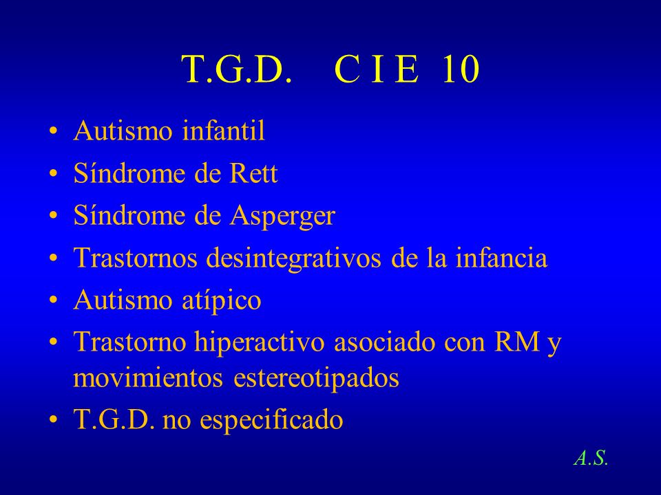 T.G.D. C I E 10 Autismo infantil Síndrome de Rett Síndrome de Asperger