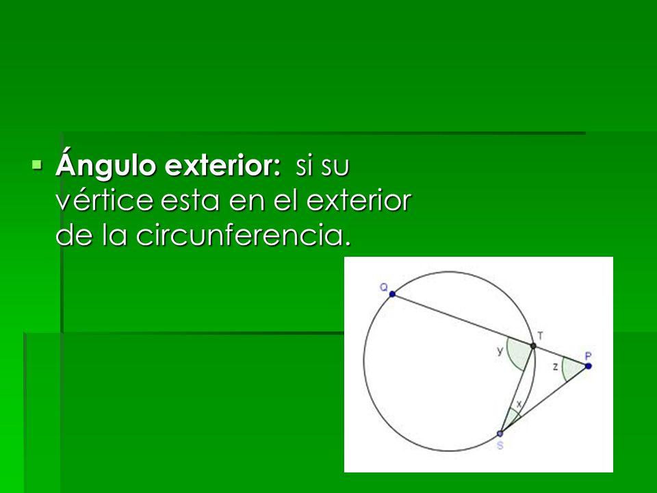 Ángulo exterior: si su vértice esta en el exterior de la circunferencia.