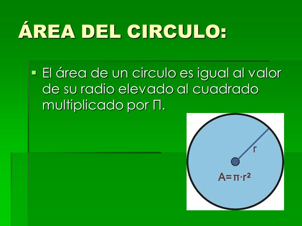 ÁREA DEL CIRCULO: El área de un circulo es igual al valor de su radio elevado al cuadrado multiplicado por Π.