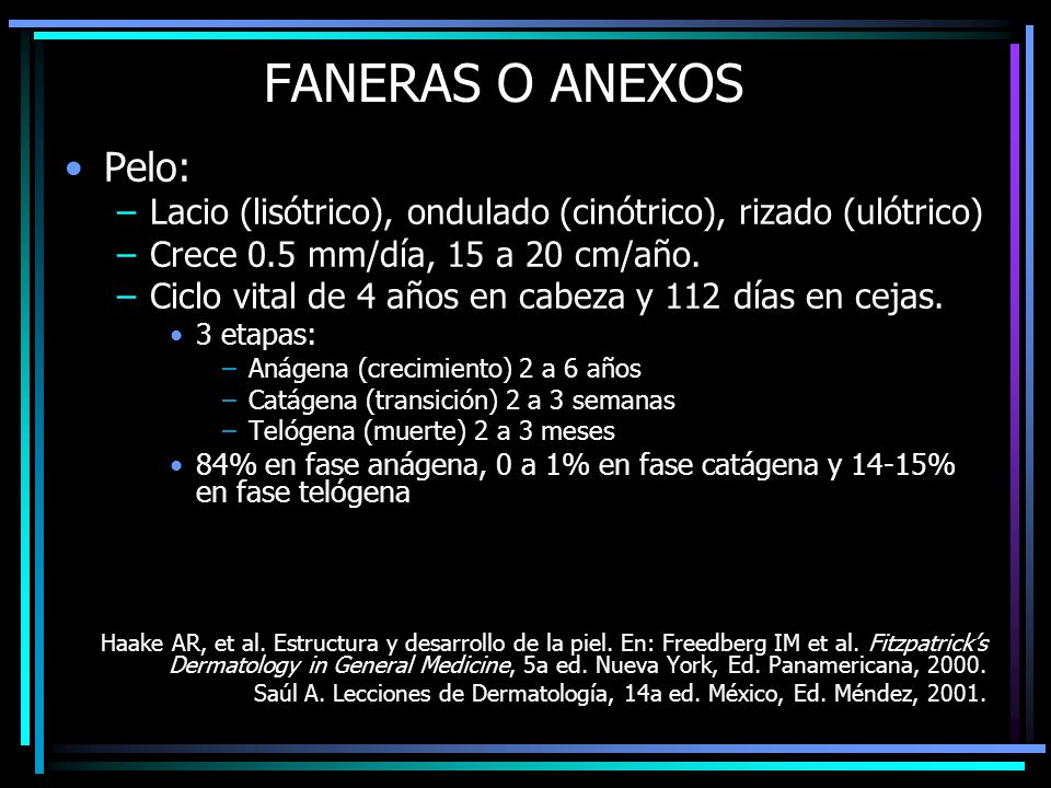 FANERAS O ANEXOS Pelo: Lacio (lisótrico), ondulado (cinótrico), rizado (ulótrico) Crece 0.5 mm/día, 15 a 20 cm/año.