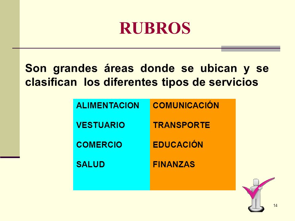 RUBROS Son grandes áreas donde se ubican y se clasifican los diferentes tipos de servicios. ALIMENTACION.