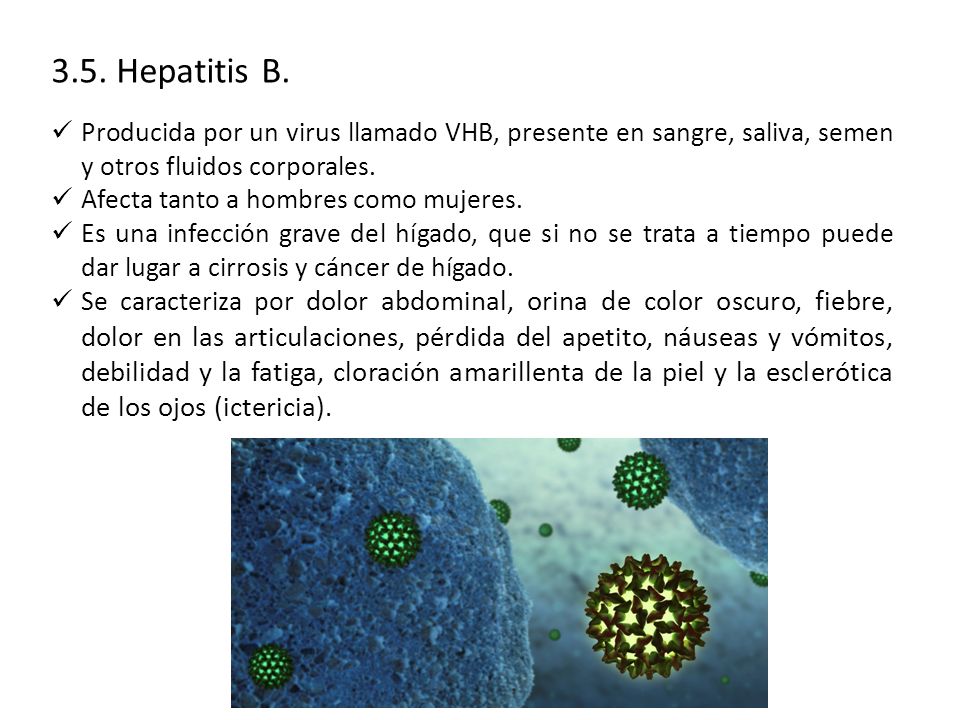 3.5. Hepatitis B. Producida por un virus llamado VHB, presente en sangre, saliva, semen y otros fluidos corporales.