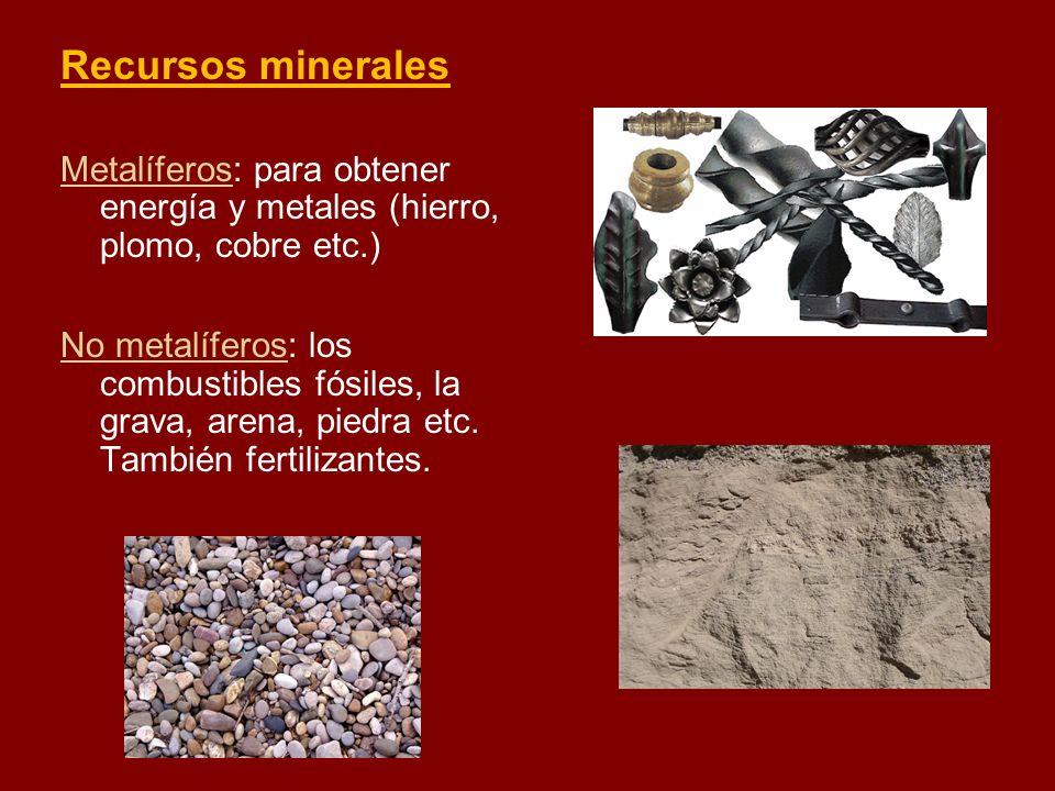 Recursos minerales Metalíferos: para obtener energía y metales (hierro, plomo, cobre etc.)