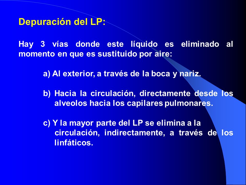 Depuración del LP: Hay 3 vías donde este líquido es eliminado al momento en que es sustituido por aire:
