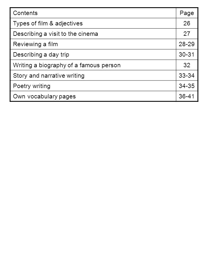 Contents Page. Types of film & adjectives. 26. Describing a visit to the cinema. 27. Reviewing a film.