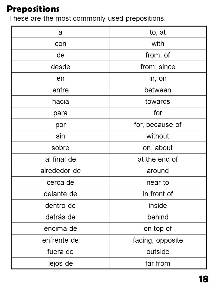 18 Prepositions These are the most commonly used prepositions: a