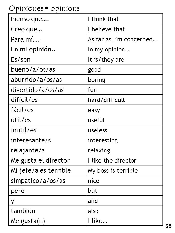 Opiniones = opinions Pienso que…. Creo que… Para mí…. En mi opinión..