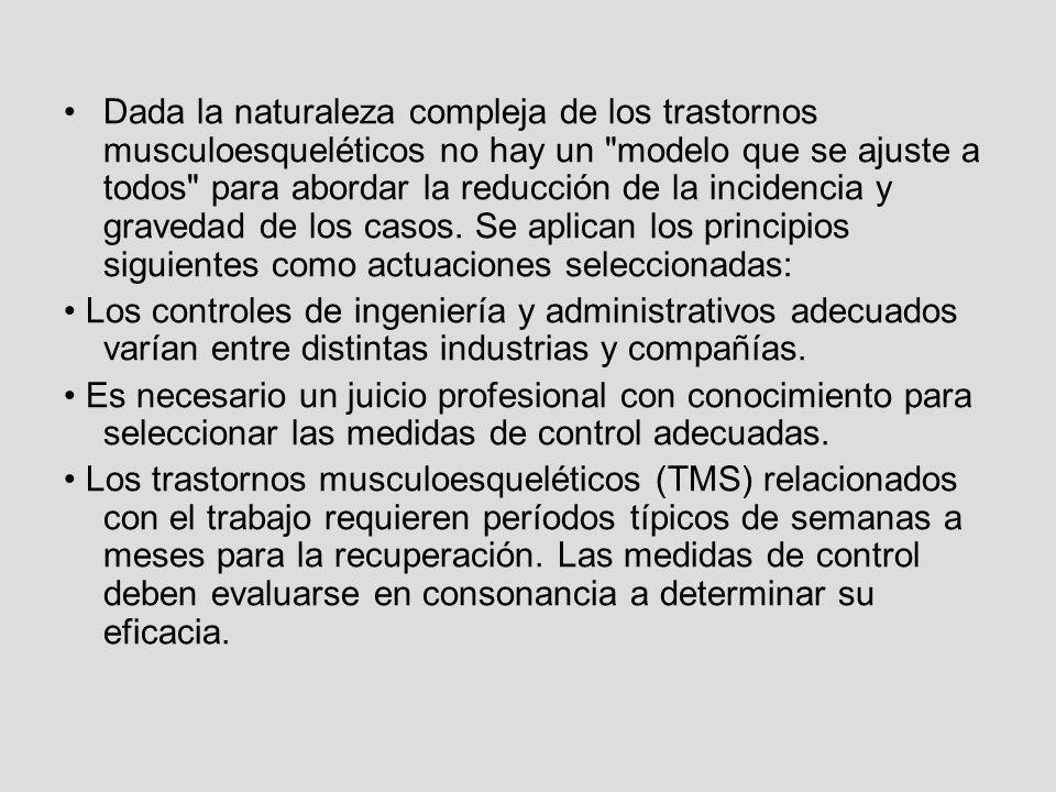 Dada la naturaleza compleja de los trastornos musculoesqueléticos no hay un modelo que se ajuste a todos para abordar la reducción de la incidencia y gravedad de los casos. Se aplican los principios siguientes como actuaciones seleccionadas: