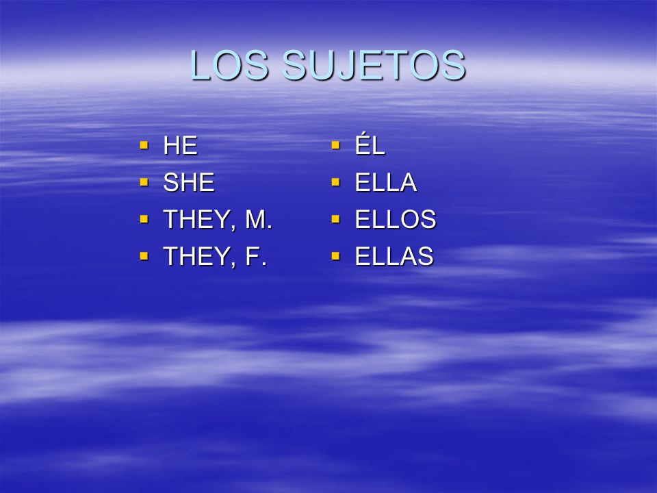 LOS SUJETOS HE SHE THEY, M. THEY, F. ÉL ELLA ELLOS ELLAS