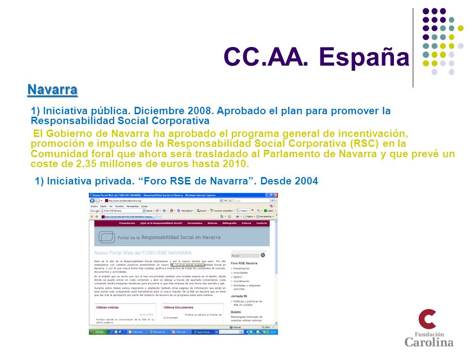 CC.AA. España Navarra. 1) Iniciativa pública. Diciembre Aprobado el plan para promover la Responsabilidad Social Corporativa.