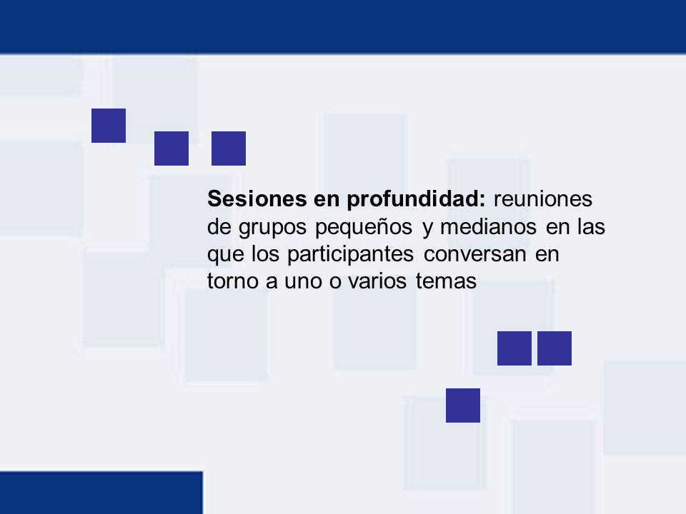 Sesiones en profundidad: reuniones de grupos pequeños y medianos en las que los participantes conversan en torno a uno o varios temas