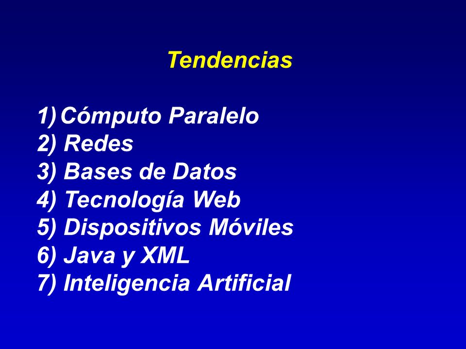 Tendencias Cómputo Paralelo. 2) Redes. 3) Bases de Datos. 4) Tecnología Web. 5) Dispositivos Móviles.