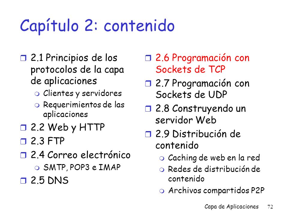 Capítulo 2: contenido 2.1 Principios de los protocolos de la capa de aplicaciones. Clientes y servidores.