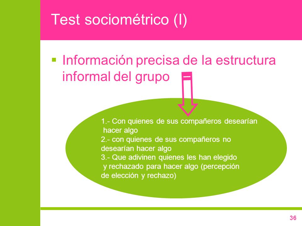 Test sociométrico (I) Información precisa de la estructura informal del grupo. 1.- Con quienes de sus compañeros desearían.