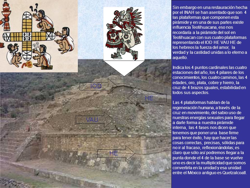 Sin embargo en una restauración hecha por el INAH se han asentado que son 4 las plataformas que componen esta pirámide y en una de sus partes existe influencia Teotihuacana, eso nos recordaría a la pirámide del sol en Teotihuacan con sus cuatro plataformas representando el IOD HE VAU HE de los hebreos la fuerza del amor, la verdad y la castidad unidas a lo eterno a aquello.