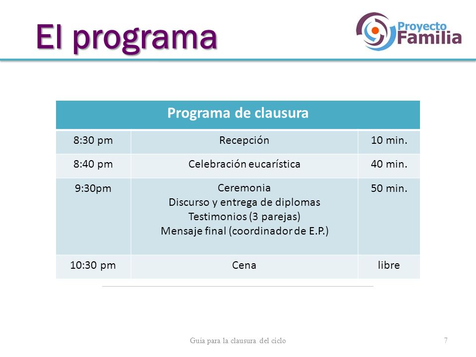 El programa Programa de clausura 8:30 pm Recepción 10 min. 8:40 pm
