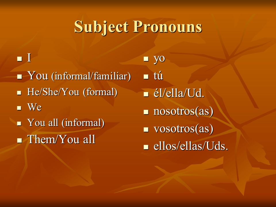 Subject Pronouns I You (informal/familiar) Them/You all yo tú