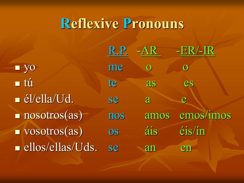 Reflexive Pronouns -AR -ER/-IR yo o o tú as es él/ella/Ud. a e