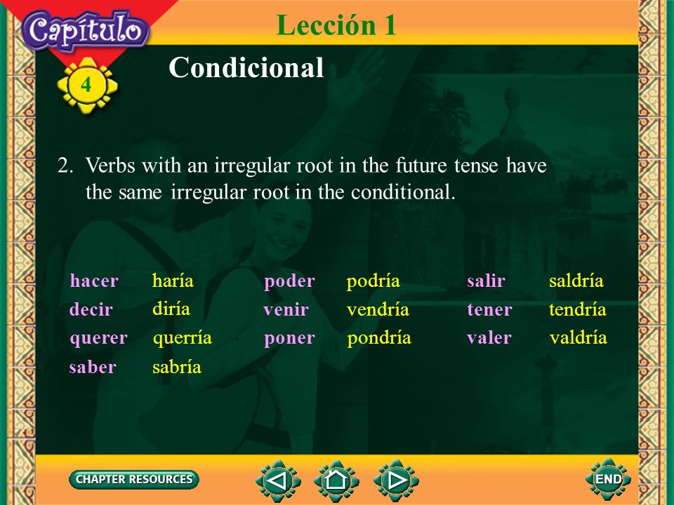 Lección 1 Condicional. 2. Verbs with an irregular root in the future tense have. the same irregular root in the conditional.