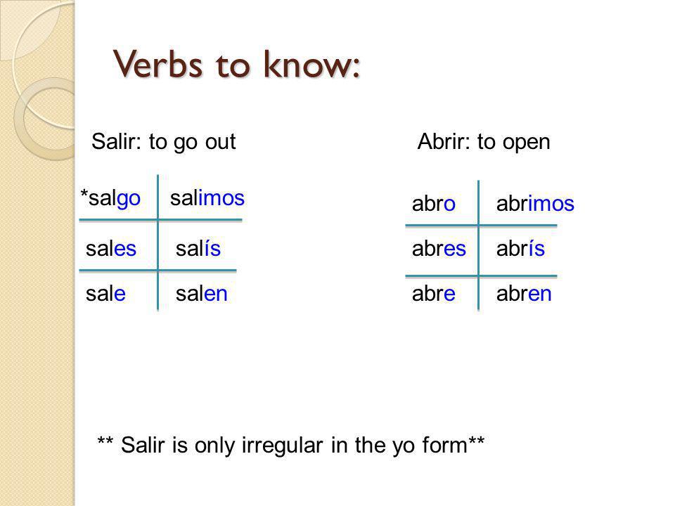 Verbs to know: Salir: to go out Abrir: to open *salgo salimos abro