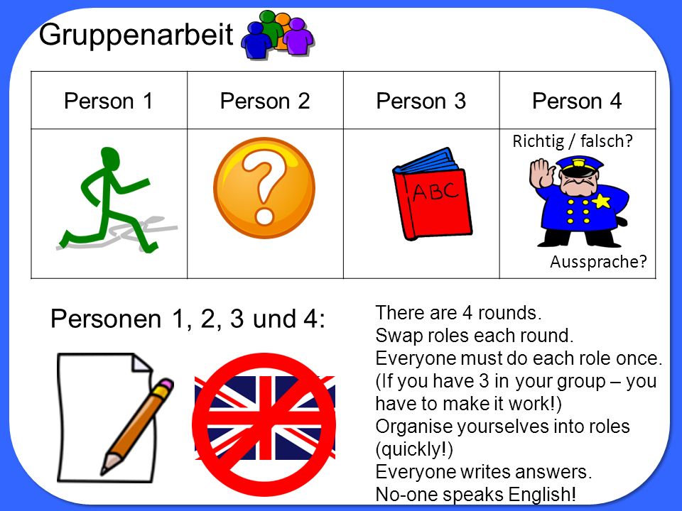 Gruppenarbeit Personen 1, 2, 3 und 4: Person 1 Person 2 Person 3