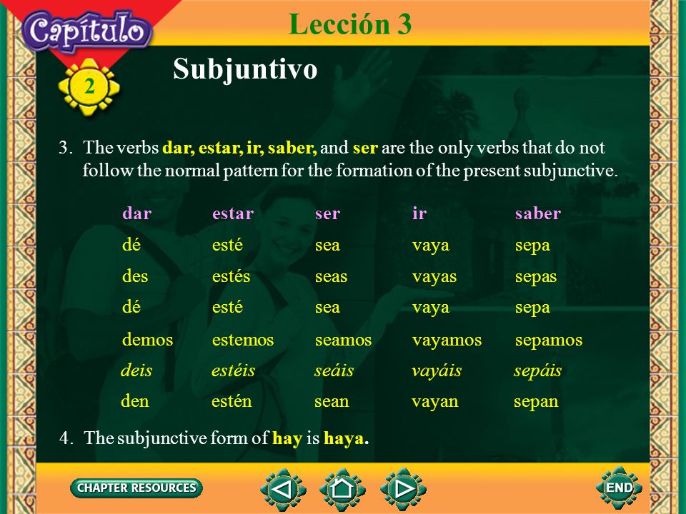 Lección 3 Subjuntivo. 3. The verbs dar, estar, ir, saber, and ser are the only verbs that do not.