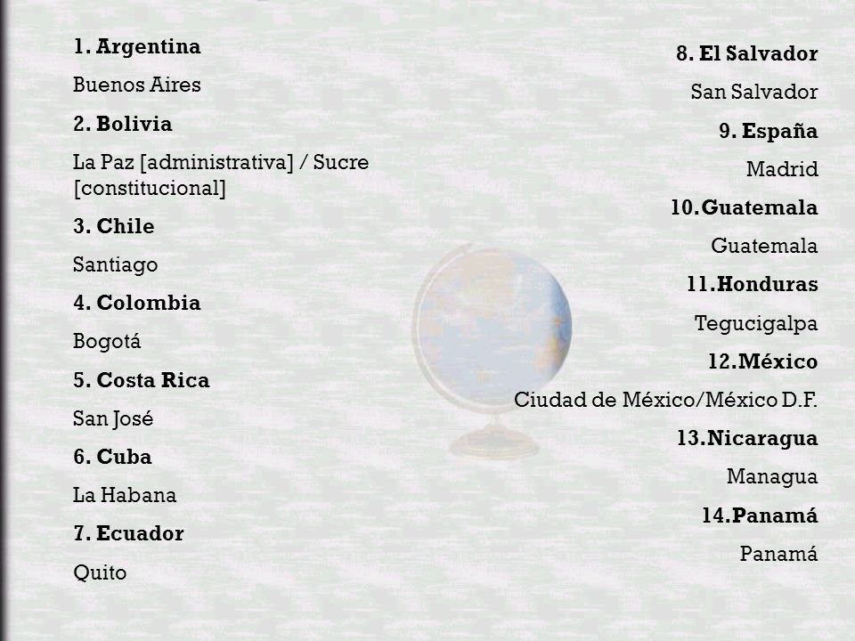 1. Argentina Buenos Aires. 2. Bolivia. La Paz [administrativa] / Sucre [constitucional] 3. Chile.