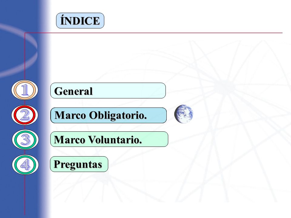 ÍNDICE General 1 Marco Obligatorio. 2 Marco Voluntario. 3 Preguntas 4