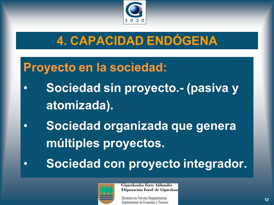 4. CAPACIDAD ENDÓGENA Proyecto en la sociedad: Sociedad sin proyecto.- (pasiva y atomizada). Sociedad organizada que genera múltiples proyectos.