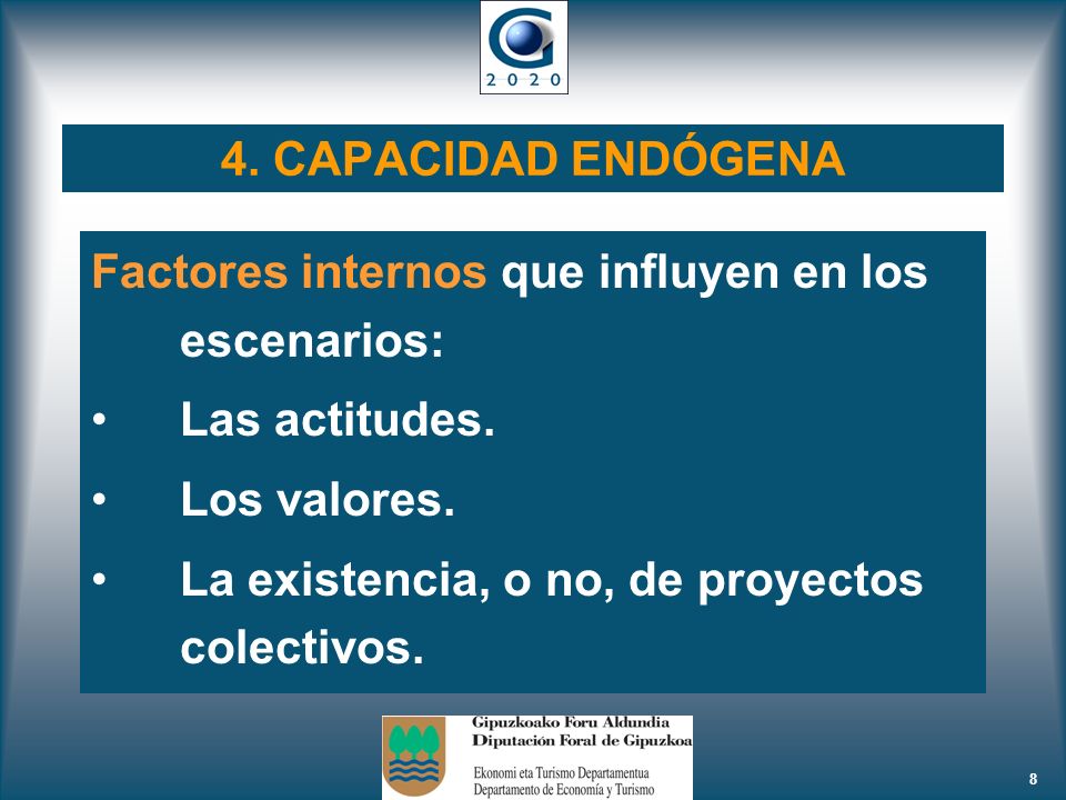4. CAPACIDAD ENDÓGENA Factores internos que influyen en los escenarios: Las actitudes. Los valores.