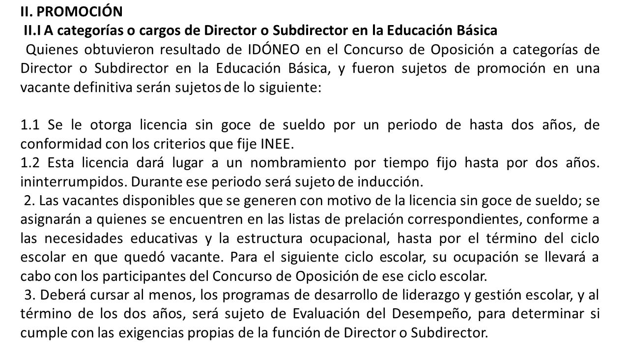 II. PROMOCIÓN II.I A categorías o cargos de Director o Subdirector en la Educación Básica.