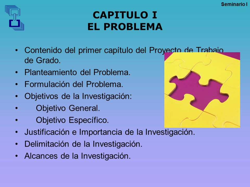 CAPITULO I EL PROBLEMA Contenido del primer capítulo del Proyecto de Trabajo de Grado. Planteamiento del Problema.