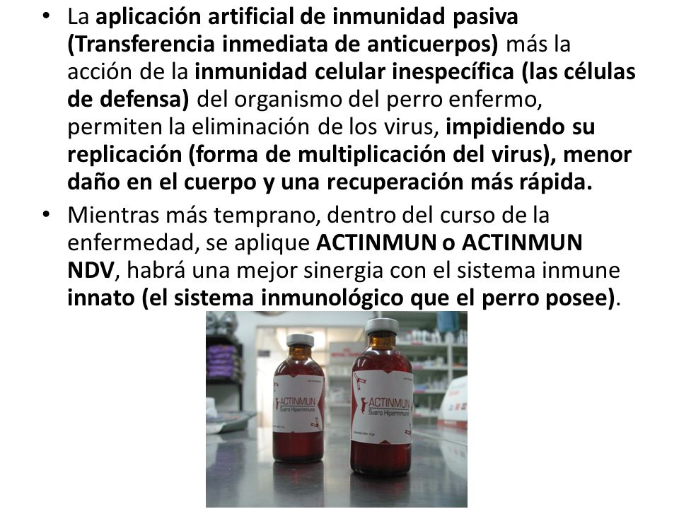 La aplicación artificial de inmunidad pasiva (Transferencia inmediata de anticuerpos) más la acción de la inmunidad celular inespecífica (las células de defensa) del organismo del perro enfermo, permiten la eliminación de los virus, impidiendo su replicación (forma de multiplicación del virus), menor daño en el cuerpo y una recuperación más rápida.