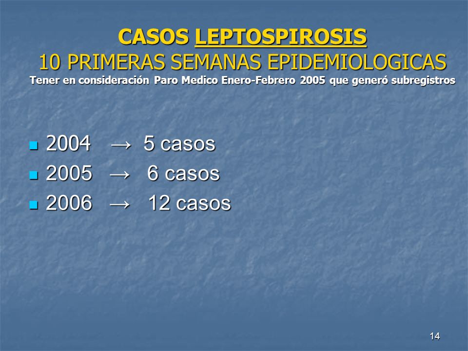 CASOS LEPTOSPIROSIS 10 PRIMERAS SEMANAS EPIDEMIOLOGICAS Tener en consideración Paro Medico Enero-Febrero 2005 que generó subregistros