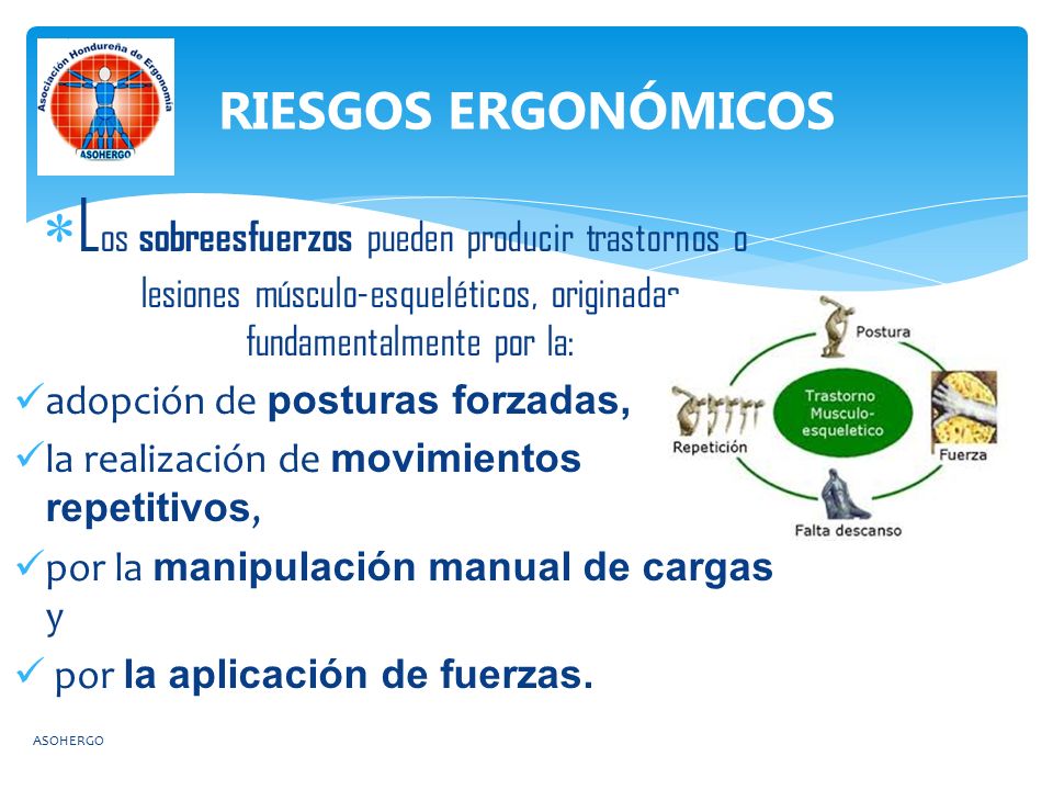 RIESGOS ERGONÓMICOS Los sobreesfuerzos pueden producir trastornos o lesiones músculo-esqueléticos, originadas fundamentalmente por la: