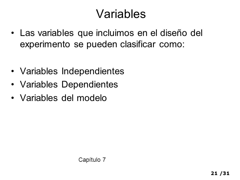 Variables Las variables que incluimos en el diseño del experimento se pueden clasificar como: Variables Independientes.