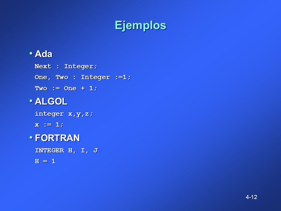 Ejemplos Ada ALGOL FORTRAN Next : Integer; One, Two : Integer :=1;