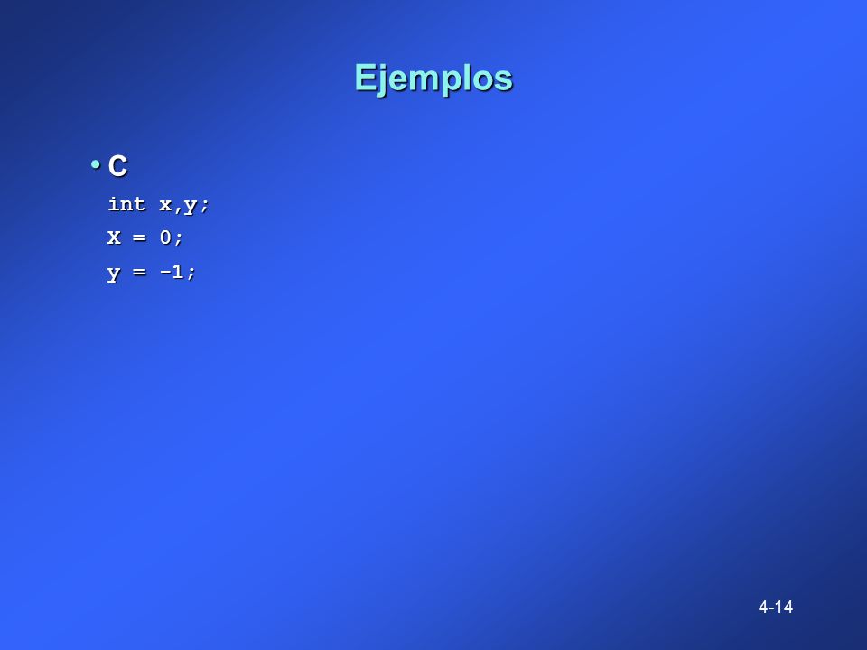 Ejemplos C int x,y; X = 0; y = -1;