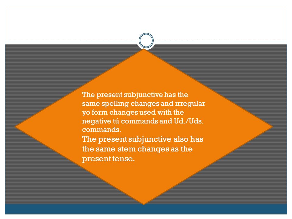 The present subjunctive has the same spelling changes and irregular yo form changes used with the negative tú commands and Ud./Uds. commands.