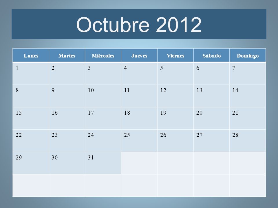 Octubre 2012 Lunes. Martes. Miércoles. Jueves. Viernes. Sábado. Domingo