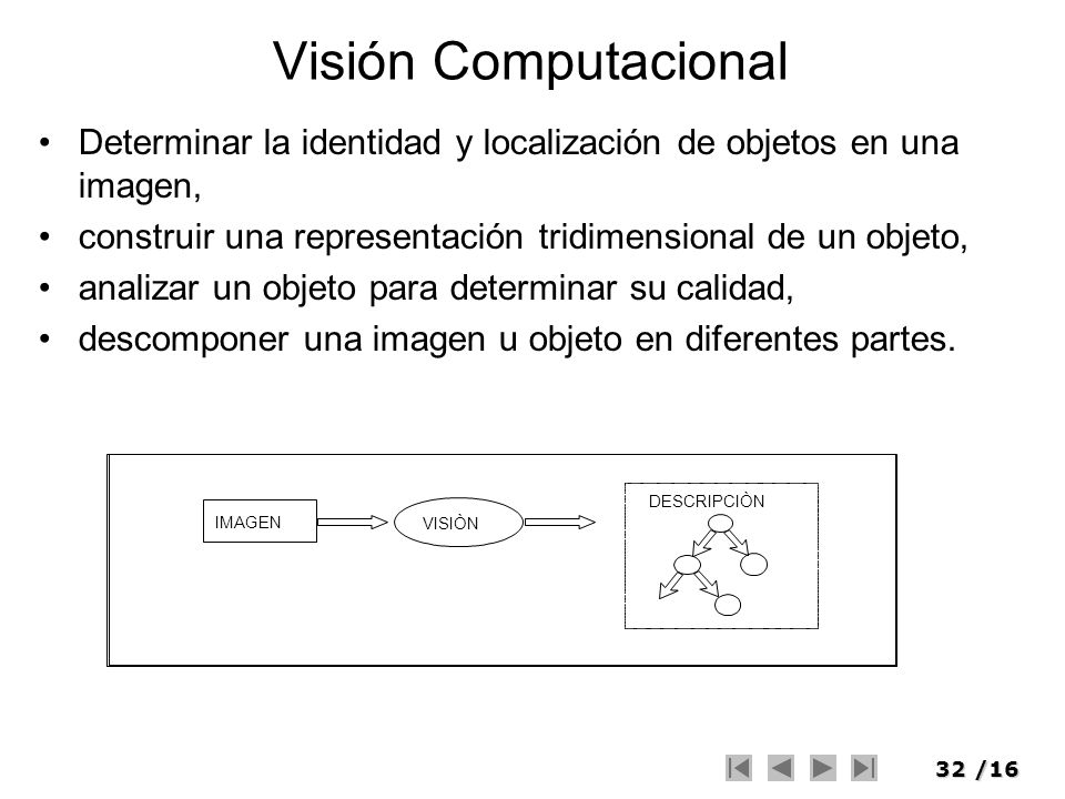 Visión Computacional Determinar la identidad y localización de objetos en una imagen, construir una representación tridimensional de un objeto,