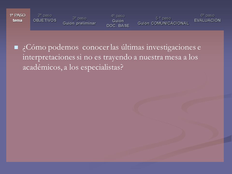 1º PASO tema 2º paso OBJETIVOS. 6º paso EVALUACIÓN. 3º paso Guión preliminar. 4º paso Guión DOC. BASE.