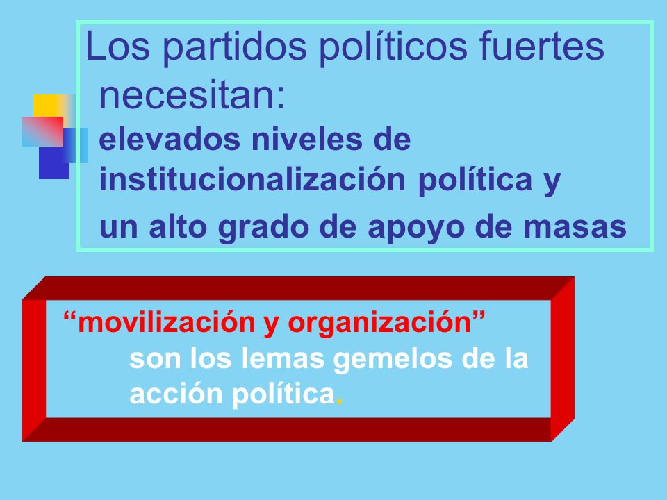 Los partidos políticos fuertes necesitan: elevados niveles de institucionalización política y un alto grado de apoyo de masas