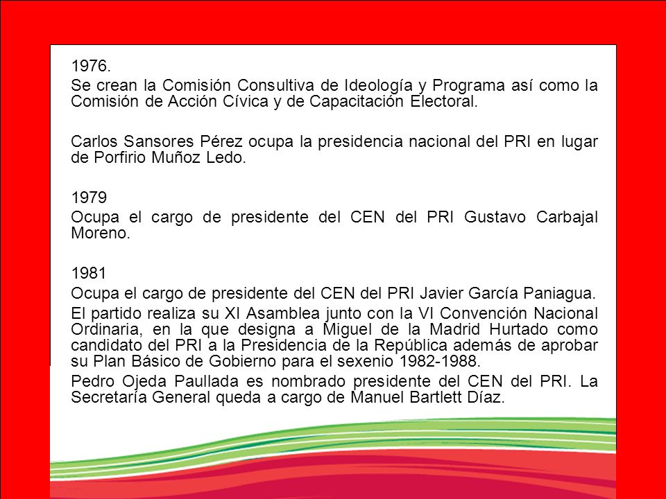 1976. Se crean la Comisión Consultiva de Ideología y Programa así como la Comisión de Acción Cívica y de Capacitación Electoral.
