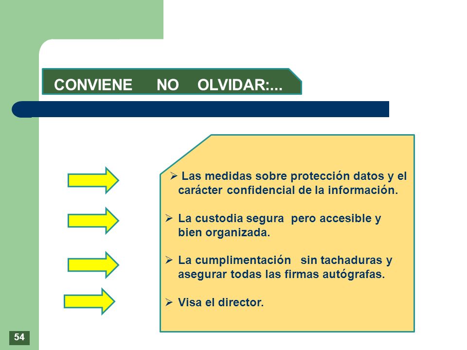 CONVIENE NO OLVIDAR:... Las medidas sobre protección datos y el carácter confidencial de la información.