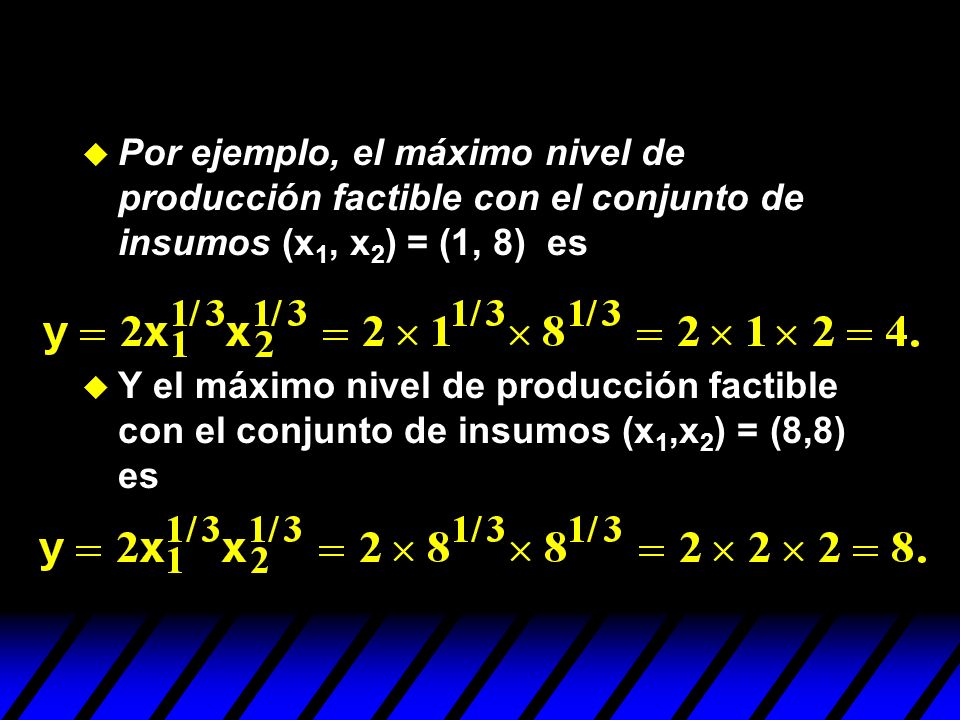 Por ejemplo, el máximo nivel de producción factible con el conjunto de insumos (x1, x2) = (1, 8) es