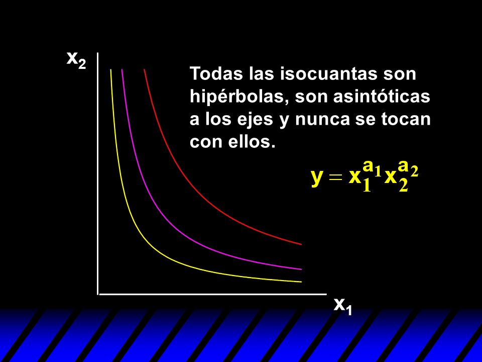 x2 Todas las isocuantas son hipérbolas, son asintóticas a los ejes y nunca se tocan con ellos. x1