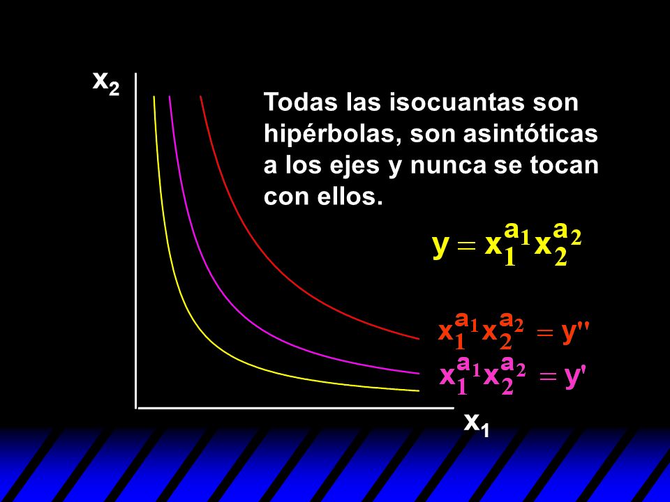 x2 Todas las isocuantas son hipérbolas, son asintóticas a los ejes y nunca se tocan con ellos. x1