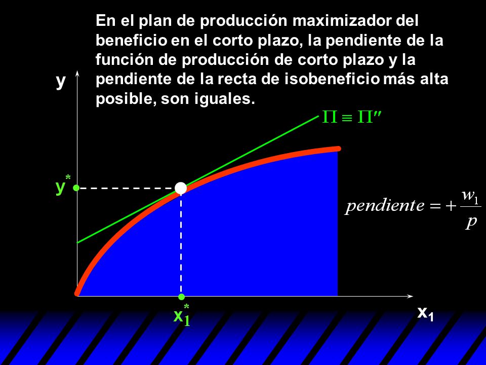 En el plan de producción maximizador del beneficio en el corto plazo, la pendiente de la función de producción de corto plazo y la pendiente de la recta de isobeneficio más alta posible, son iguales.